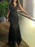 Vestido de noche formal de sirena con tul negro y cuentas para baile de graduación Y7857