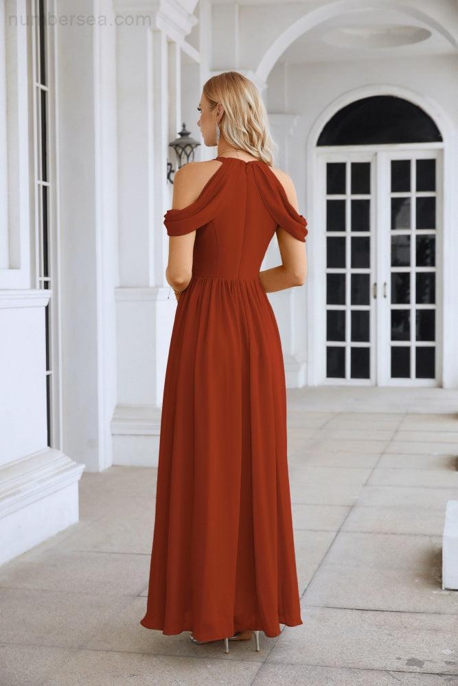 Abito da sera da damigella in chiffon con spalle scoperte, maniche a campana e spacco frontale, abito da festa nuziale 28117