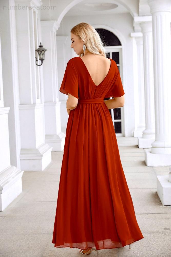 Robe de soirée longue jusqu'au sol pour demoiselle d'honneur, manches en mousseline, encolure ronde, fente avant, pour mariage et fête 28124