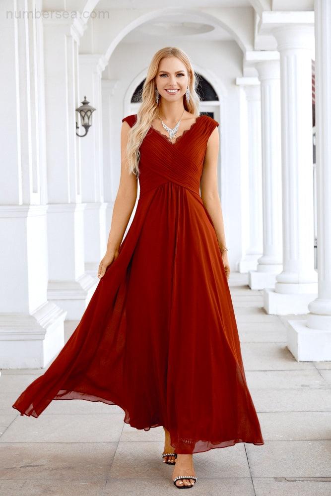 Ladies Chiffon V Neck Sleeveless Floor Length Bridesmaid Evening Dress Wedding Party Evening Dress 28126