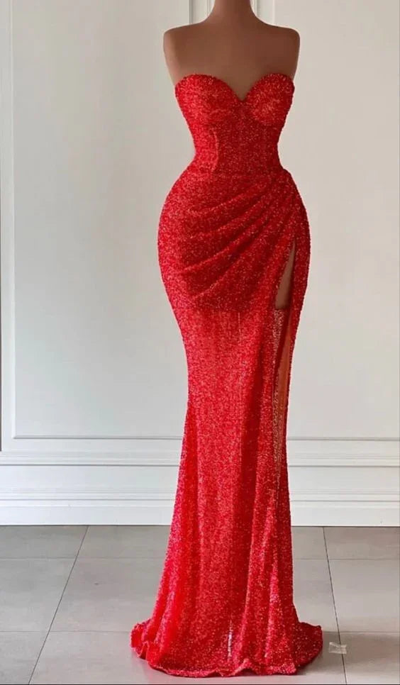 Vestido de Noite Sereia Vermelho com Fenda Alta Y71