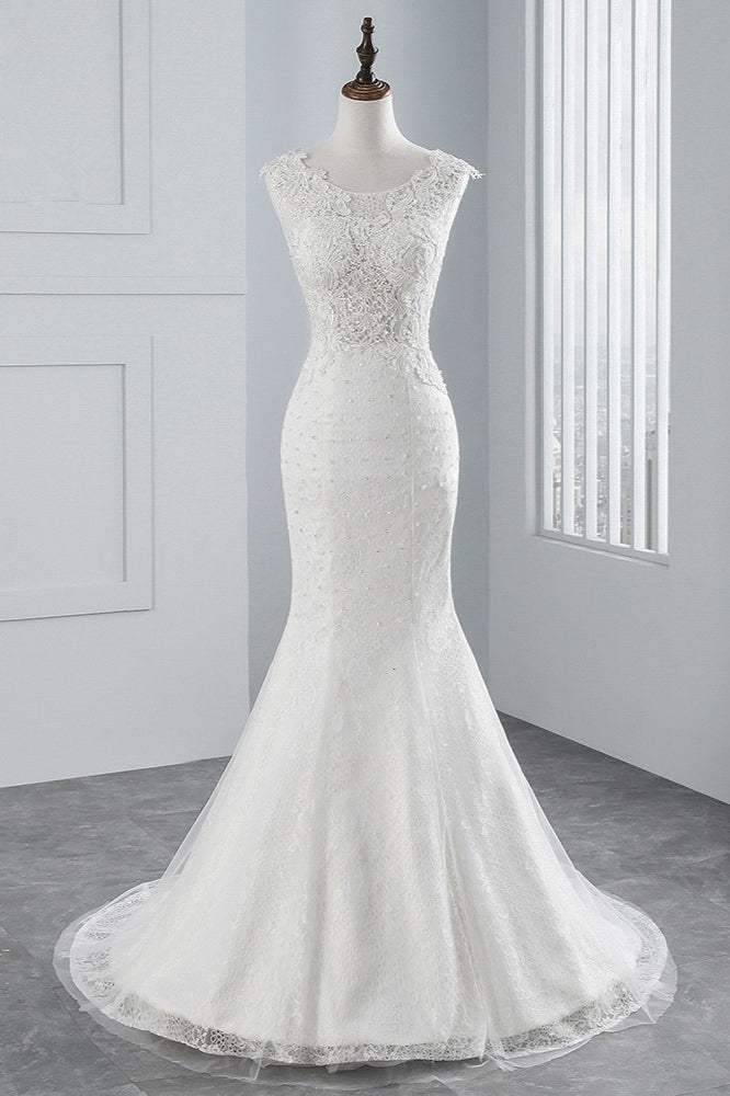 Chic Sleeveless Long Mermaid Jewel Tulle Wedding Dress With Lace Appliques