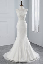 Chic Sleeveless Long Mermaid Jewel Tulle Wedding Dress With Lace Appliques
