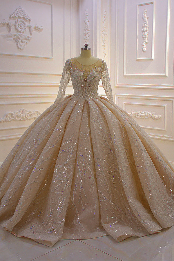 Glamorous Bateau Long Sleeve Floor Length Ball Gown Wedding Dress With Ruffles