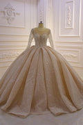 Glamorous Bateau Long Sleeve Floor Length Ball Gown Wedding Dress With Ruffles