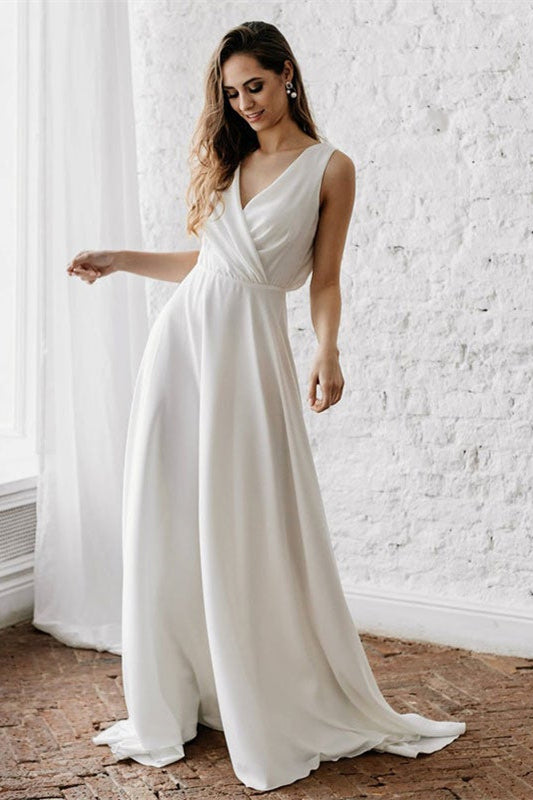 Sleeveless V Neck Long Wedding Dress For Elegant Bridal Gown