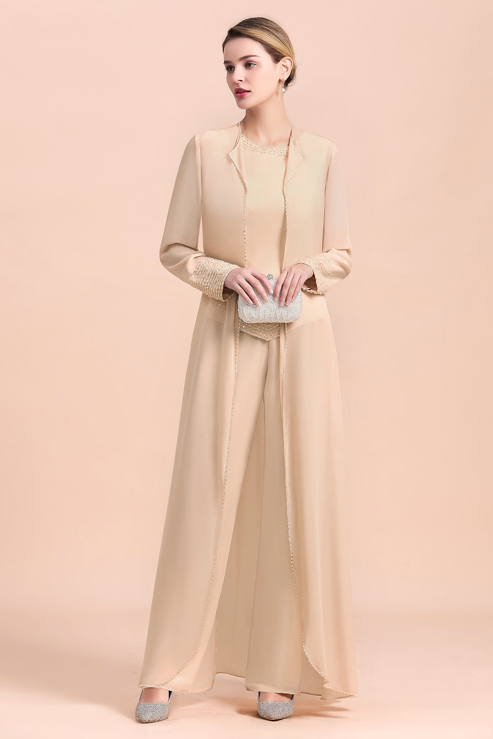 BMbridal Champagne Long Chiffon Mother of the Bride Dress Two Pieces With Jacket