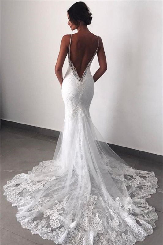 Mermaid Spaghetti Straps Lace Wedding Dress With Appliques