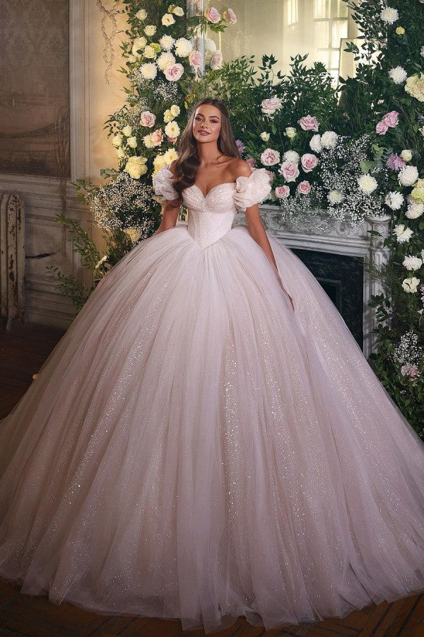 BMbridal Off The Shoulder Ball Gown Tulle Wedding Dress With Shining Sequins