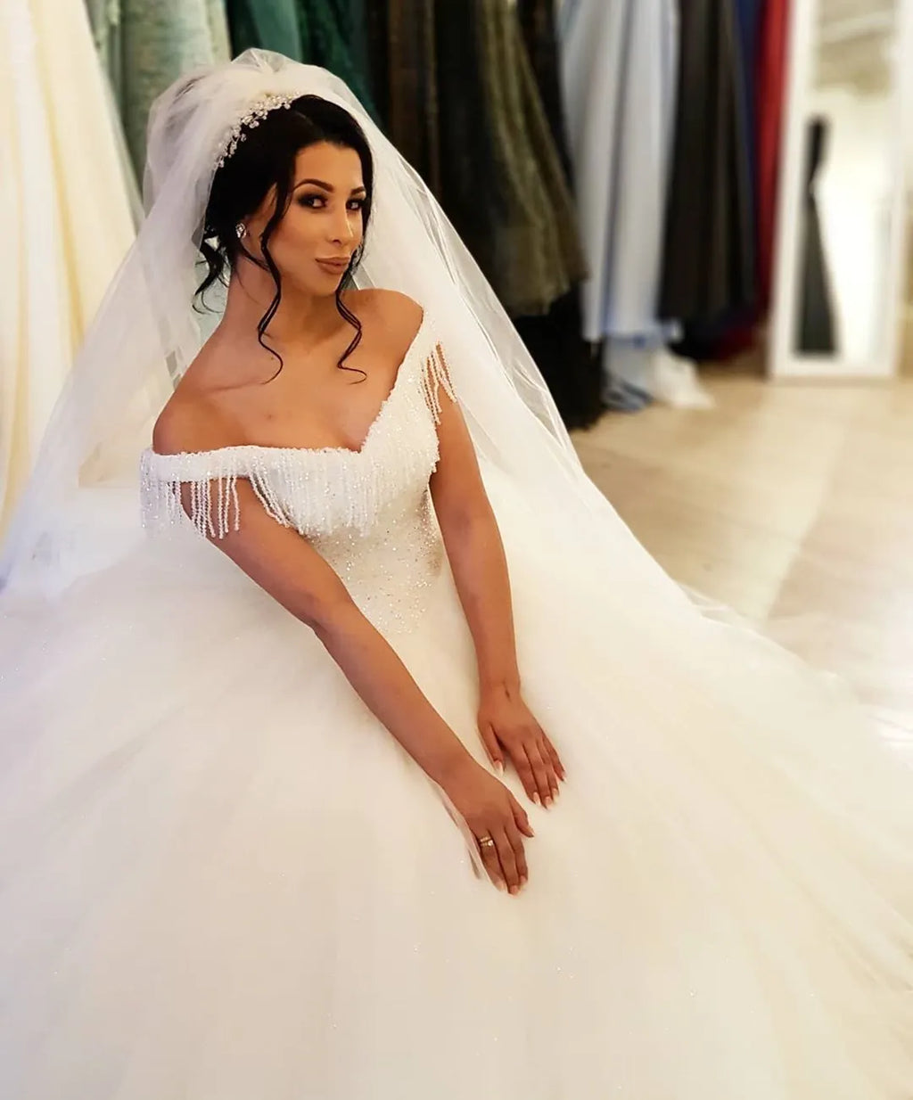 Off The Shoulder Beading Backless Floor Length Wedding Dress With Tassel Tulle