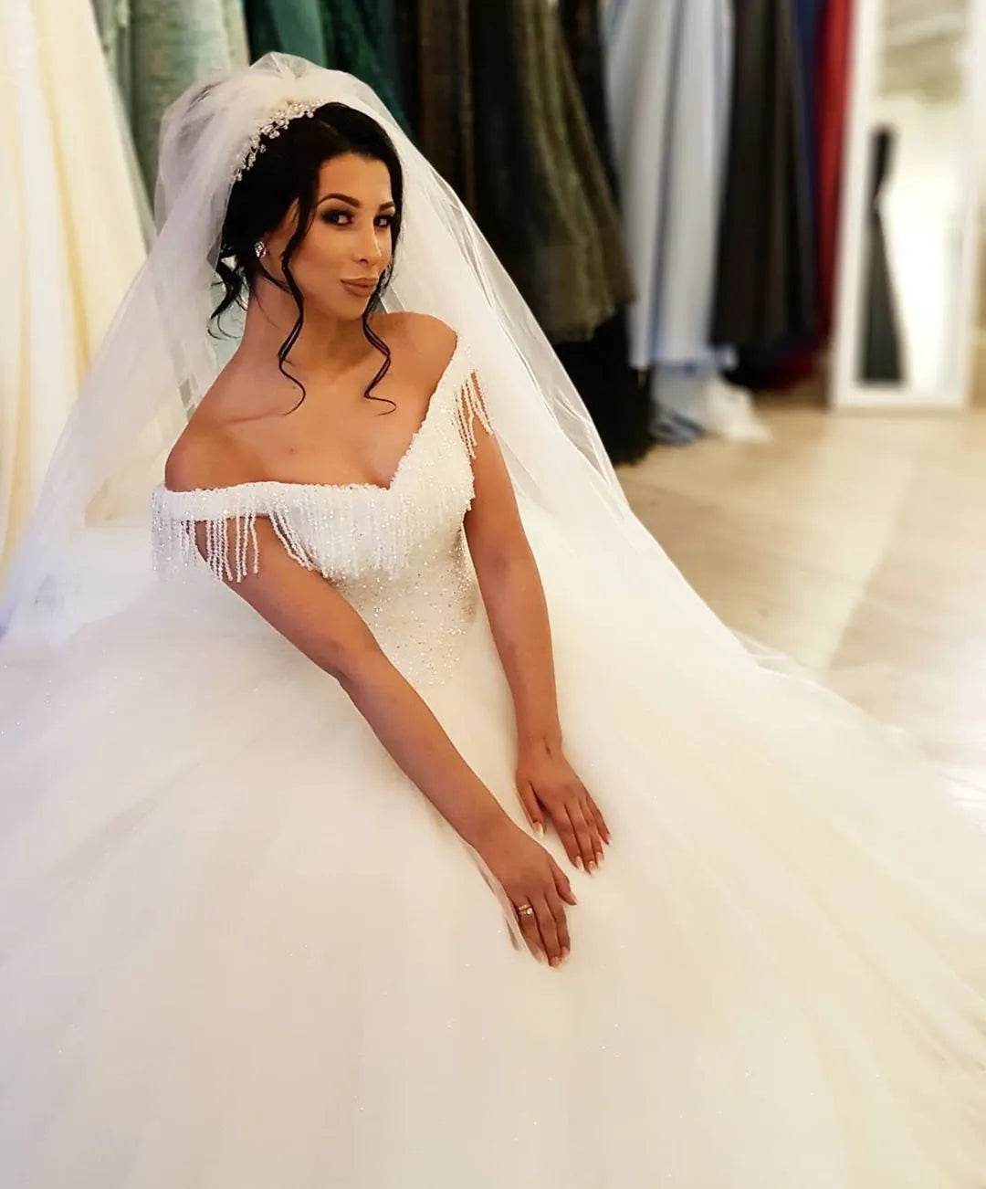Off The Shoulder Beading Backless Floor Length Wedding Dress With Tassel Tulle