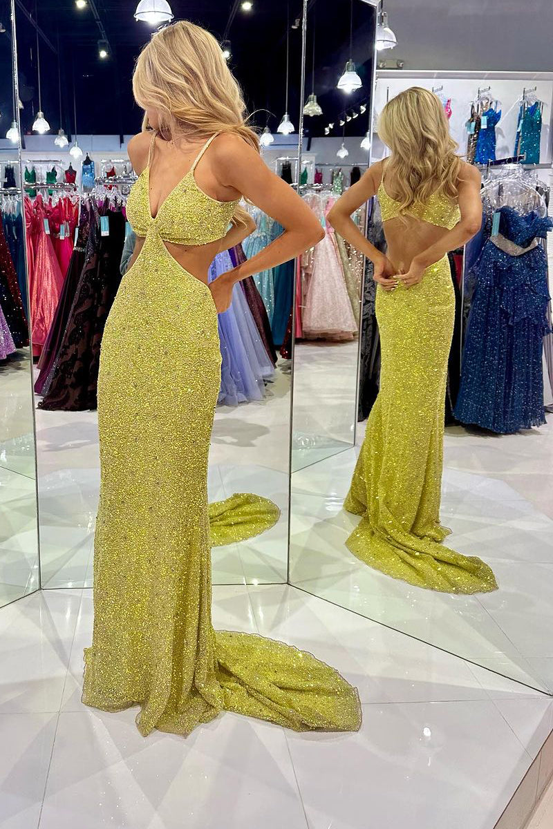 Vestidos longos de baile com decote em V profundo, recorte e lantejoulas verdes mostarda