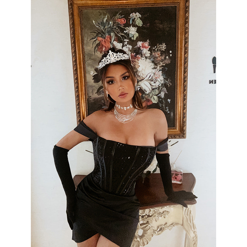 Vestido de fiesta de noche elegante, ajustado y con hombros descubiertos 
