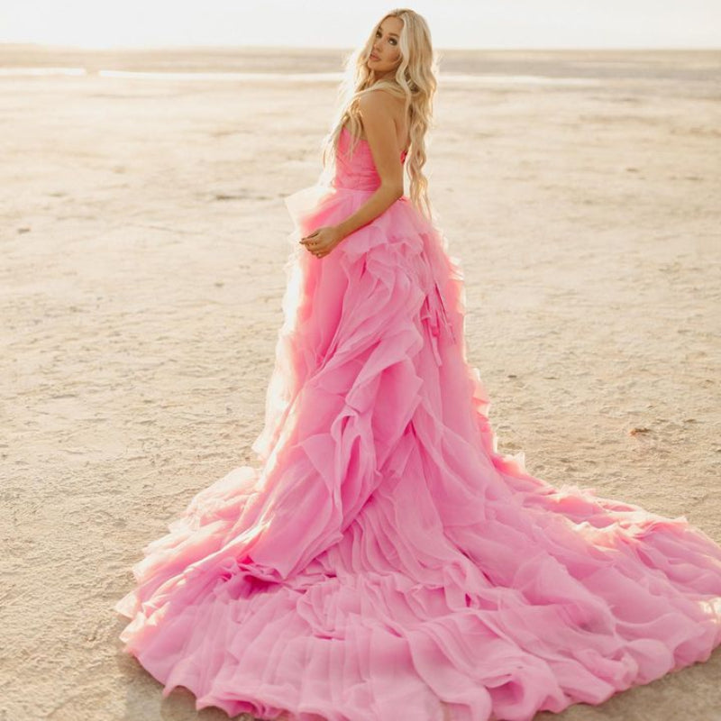 Vestidos Elegantes de Festa com Folhos em Pétalas Cor-de-Rosa Vestido Longo Sem Alças para Noivas Fotografia Vestido de Praia Boémio Vestidos de Grávida para Sessão Fotográfica