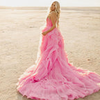 Vestidos Elegantes de Festa com Folhos em Pétalas Cor-de-Rosa Vestido Longo Sem Alças para Noivas Fotografia Vestido de Praia Boémio Vestidos de Grávida para Sessão Fotográfica