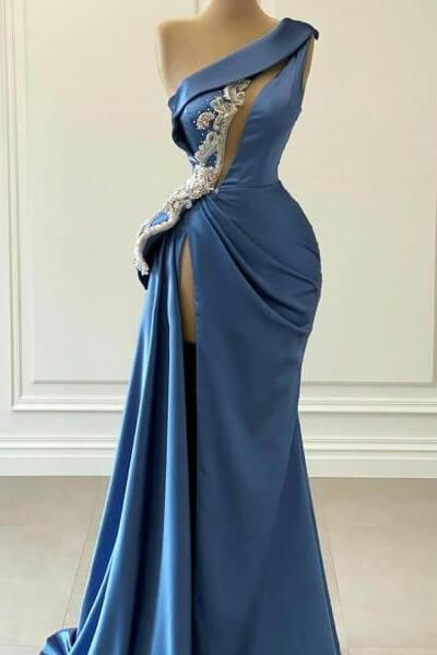 Robe de bal satinée élégante longue sirène à une épaule avec fente