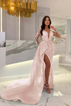 Shiny Blue Split Long Sleeves Mermaid Beaded Prom Dress With Appliques Tulle