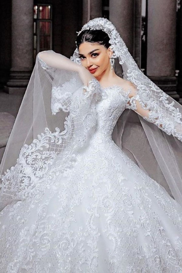 Elegant Beads Long Sleeve Princess Wedding Dress With Tulle And Appliques