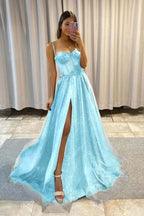 Sequined Spaghetti Strap Sleeveless Long Split Prom Dress