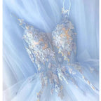 Robes de bal bleu ciel clair, robes de bal à fleurs faites main, robes de soirée bleu ciel clair Y4002