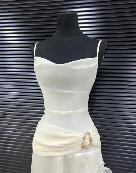 Vestido de Noite Elegante de Sereia em Chiffon Branco Vestido Longo de Baile com Folhos Y7716