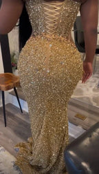 Vestido de noche sirena con apliques de lentejuelas doradas lujosas Y7880