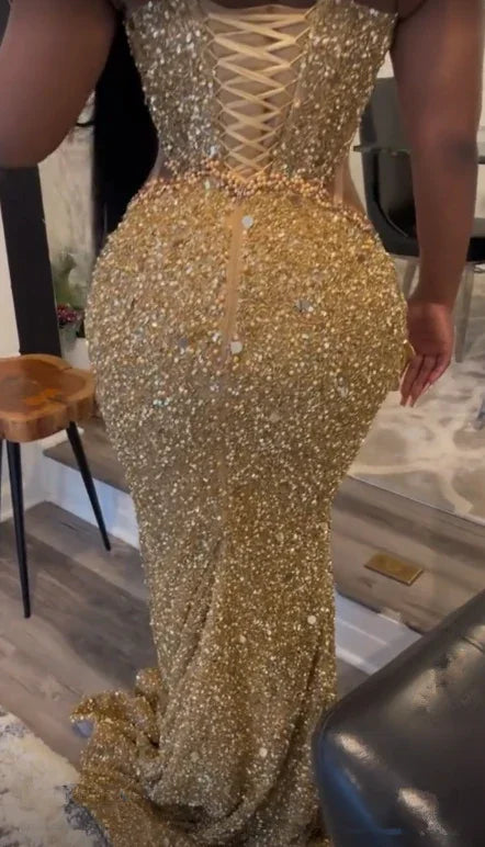 Vestido de noche sirena con apliques de lentejuelas doradas lujosas Y7880