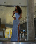 Vestido de fiesta azul con lentejuelas, sin tirantes, con abertura y brillo Y8171