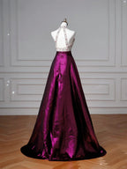 Classy Halter Purple Beaded Satin A Line Prom Dress Long Evening Dress Y8609