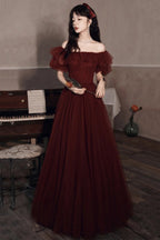 Burgundy Off The Shoulder Tulle Line Prom Dress Evening Dress Y8351
