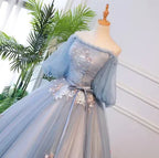 Vestido longo único de renda em tule azul para baile vestido de noite azul S13770