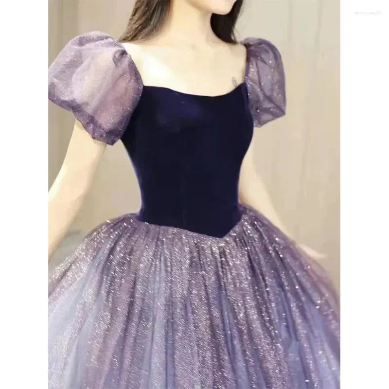 Lila Tüll Kurzarm Festliches Kleid Niedliches A-Linien Abendkleid Y4291