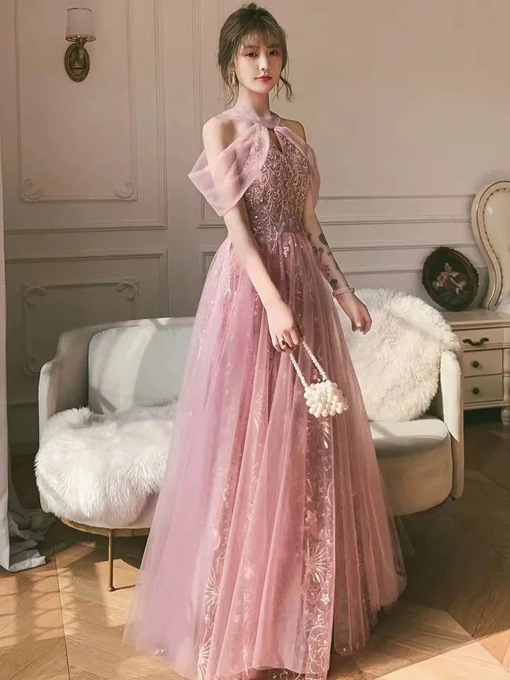 Robe de fête rose, robe de bal à col licou, robe de soirée douce et féerique Y1918