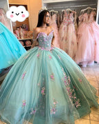 See Blaue Prinzessin Ballkleid 3D Blumen Quinceañera Kleider Schulterfrei Applikationen Perlenbesetztes Maxikleid Süßes 16 Kleid Y2632