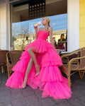 Vestido largo de fiesta/baile rosa princesa línea A alto bajo sin tirantes con volantes Y76