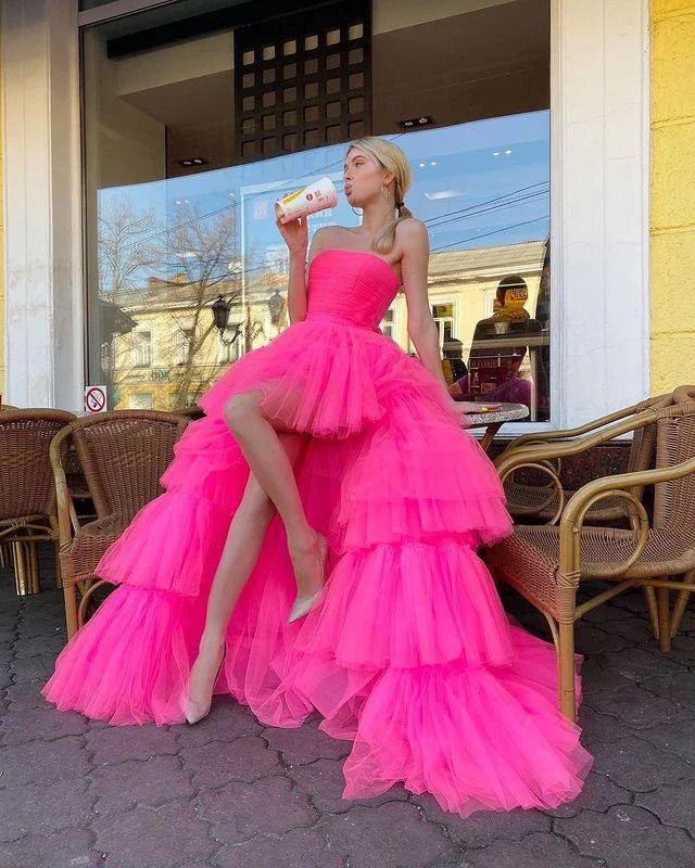 Vestido largo de fiesta/baile rosa princesa línea A alto bajo sin tirantes con volantes Y76