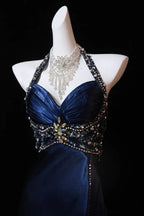 Vestido de Noite Formal Azul-Marinho Luxuoso com Contas e Fenda Vestido de Baile Y7723