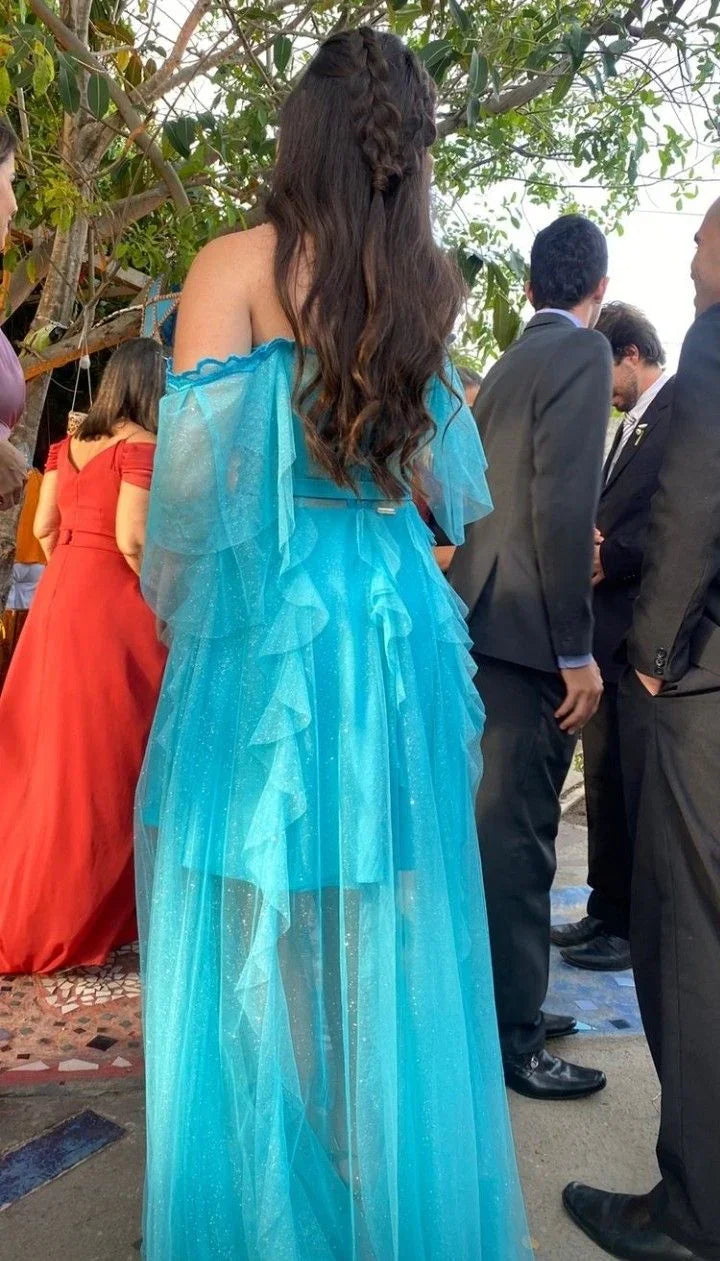 Robe de bal longue bleue à épaules dénudées, charmante robe de soirée bleue Y2395