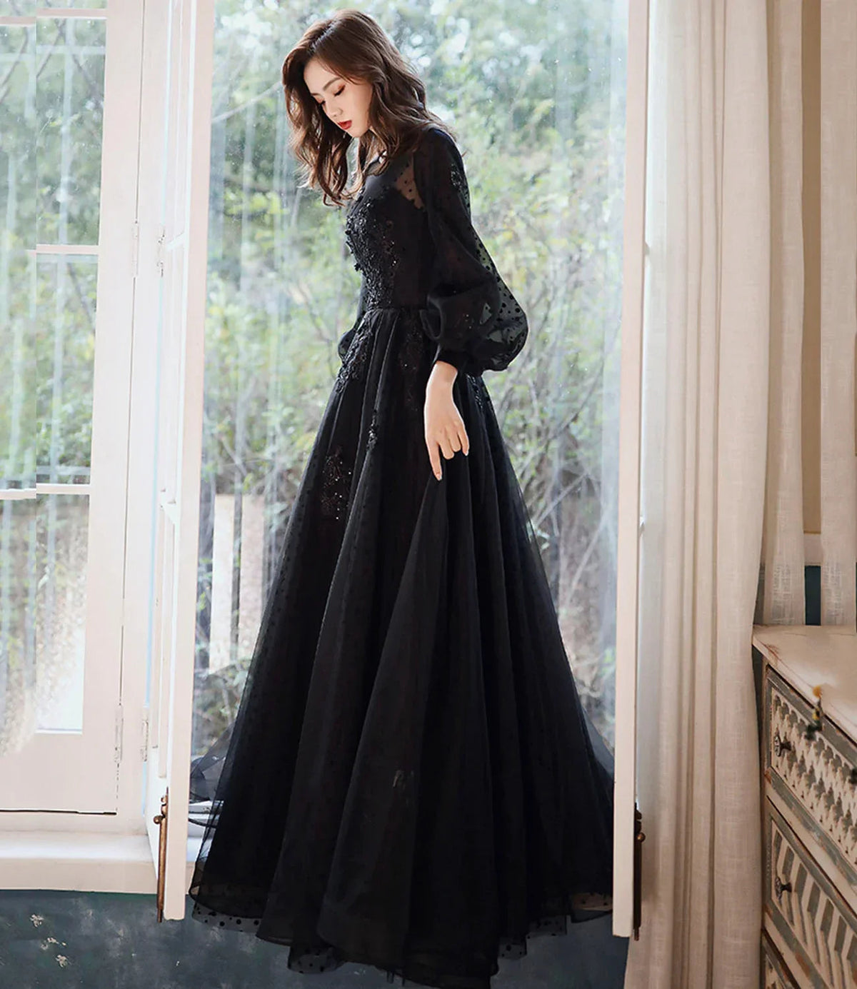 Black lace long prom dress A line evening gown Y1294