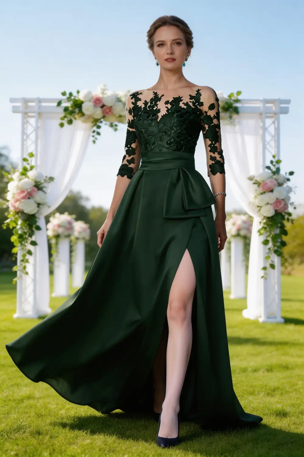 Elegant Dark Green Lace Satin A-Line Mother of the Bride Dress with Slit by tangjianjun