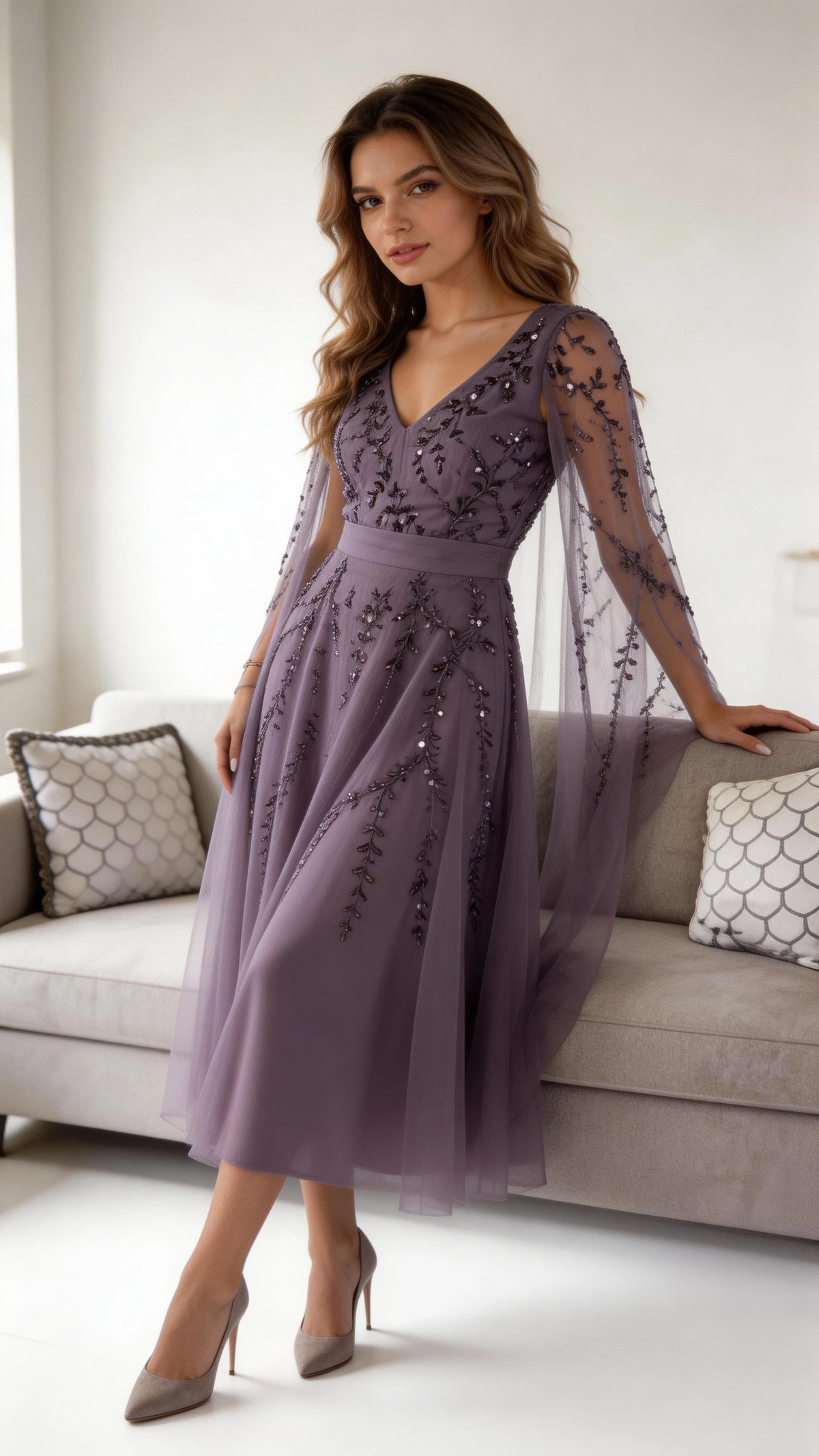 Dream Evening Dress Elegant Purple Tulle Evening Dresses V-Neck Long Sleeve Dresses Y5028 by simplepromdress
