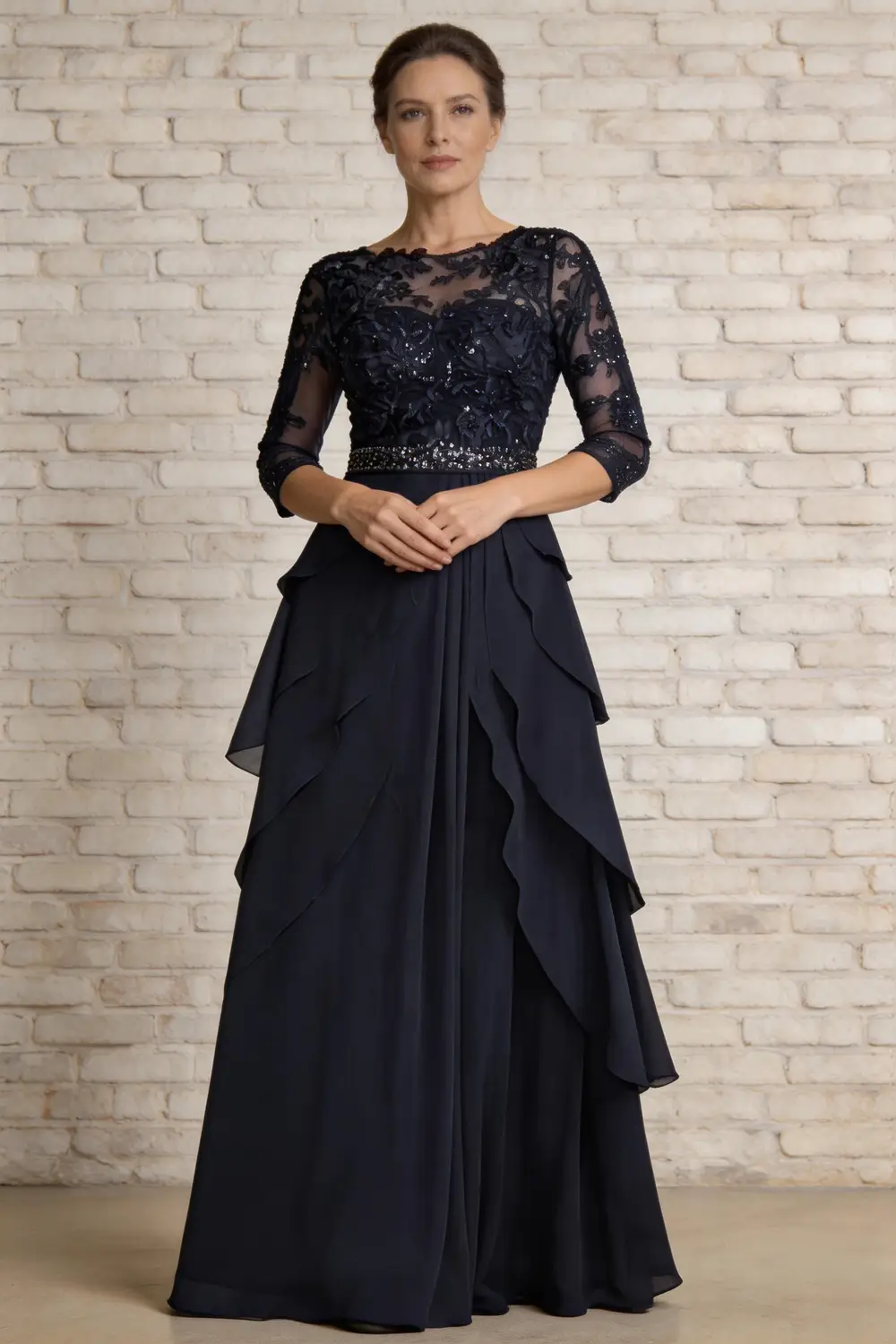 Navy Blue Lace Applique Chiffon Mother of the Bride Dress by tangjianjun