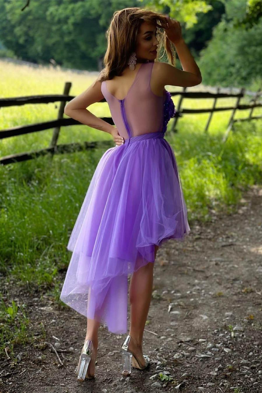 A-line Illusion Neck Tulle Homecoming Dress
