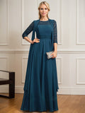 A-line Scoop Illusion Floor-Length Lace Chiffon Mother of the Bride Dress With Pleated