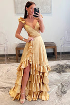 Cutout Ruffle A-Line Long Prom Dress with Slit