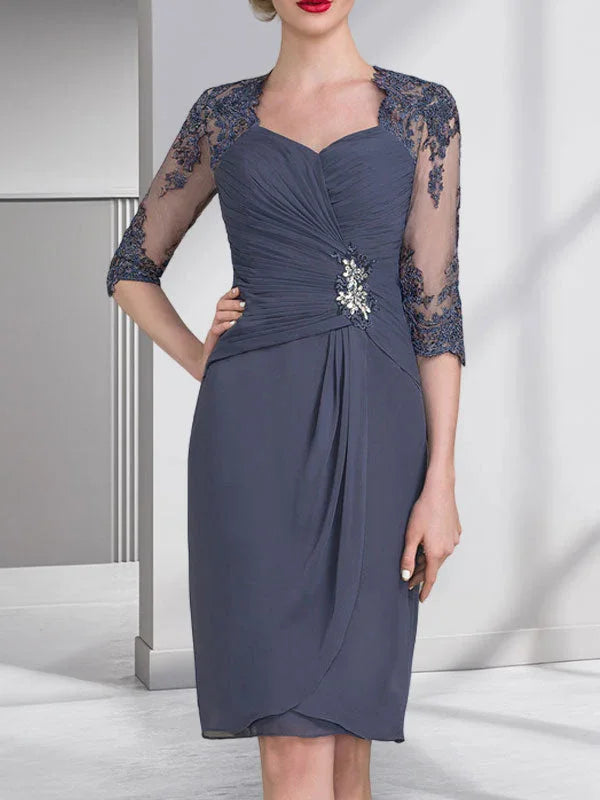 Vestido de madrina de novia de gasa con apliques de cuentas, encaje, lentejuelas y pliegues, largo hasta la rodilla, corte tubo y columna, con escote corazón