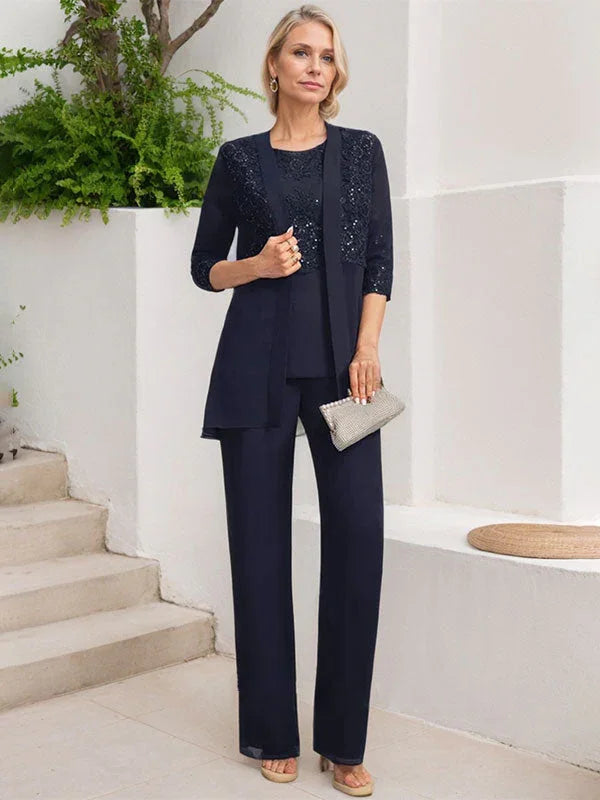 Tuta/Pantaloni Separati con Scollo a U, Lunghezza a Terra, in Chiffon e Pizzo, Abito per Madre della Sposa con Paillettes