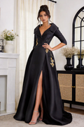 Black Satin Gold Embroidered Formal Gown, Lapel V-Neck High Slit Evening Dress by tangjianjun