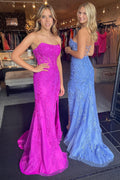 Vestido de baile de tule com renda, sem alças, com racha, estilo sereia