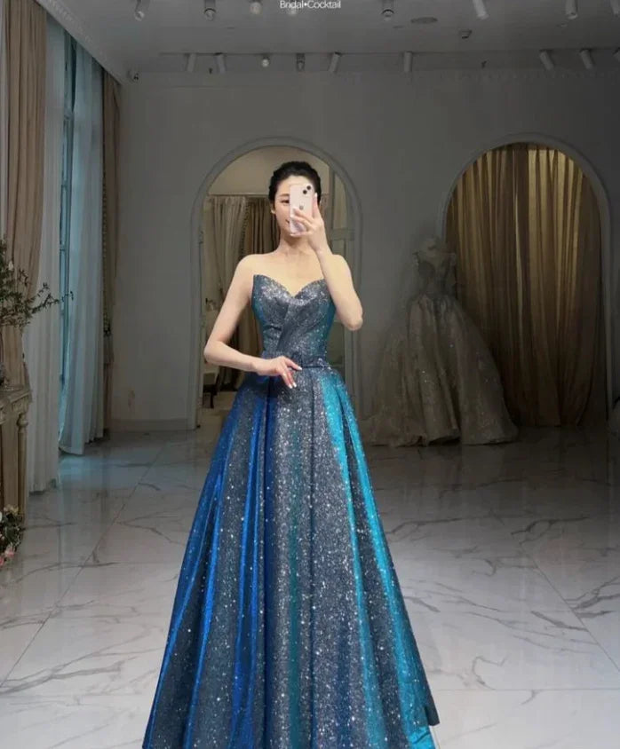 Vestido de noche azul con brillo y corte en línea A Vestido de princesa azul Y4982